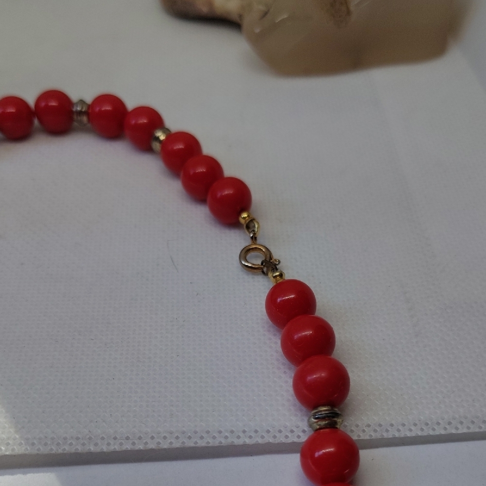 1980s Bold Red and Gold Necklace and Pierced Earring Set - Picture 9 of 10